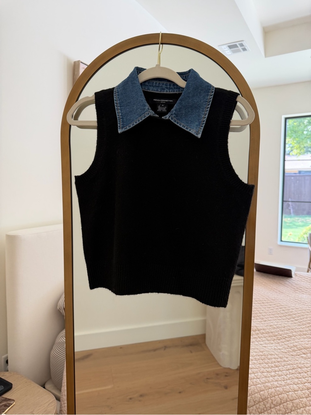 French Connection Black Knit Sleeveless Vest with Denim Collar